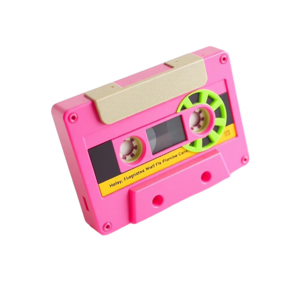 A pink 3D cassette tape with lime green reels