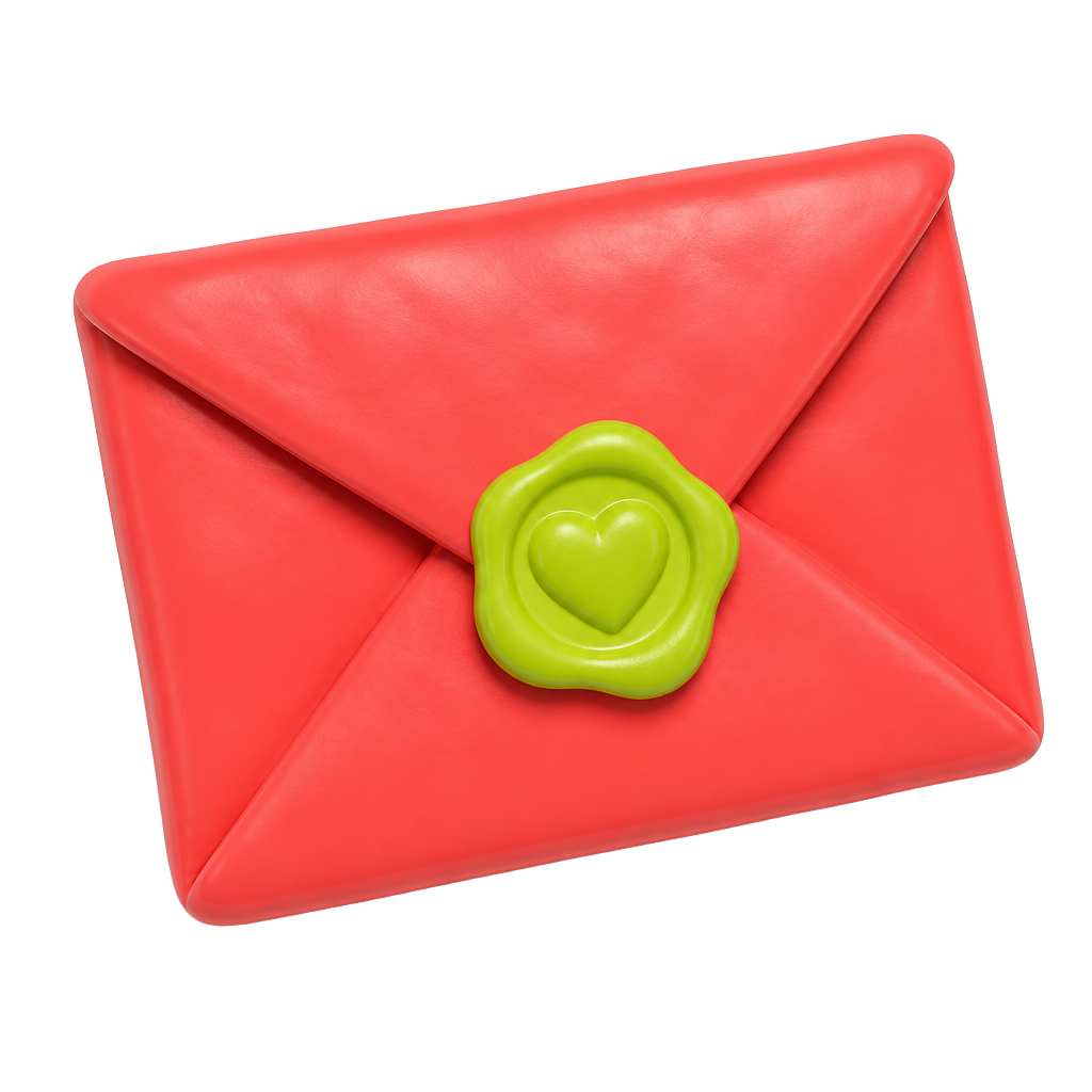 A red 3D envelope with a green wax seal