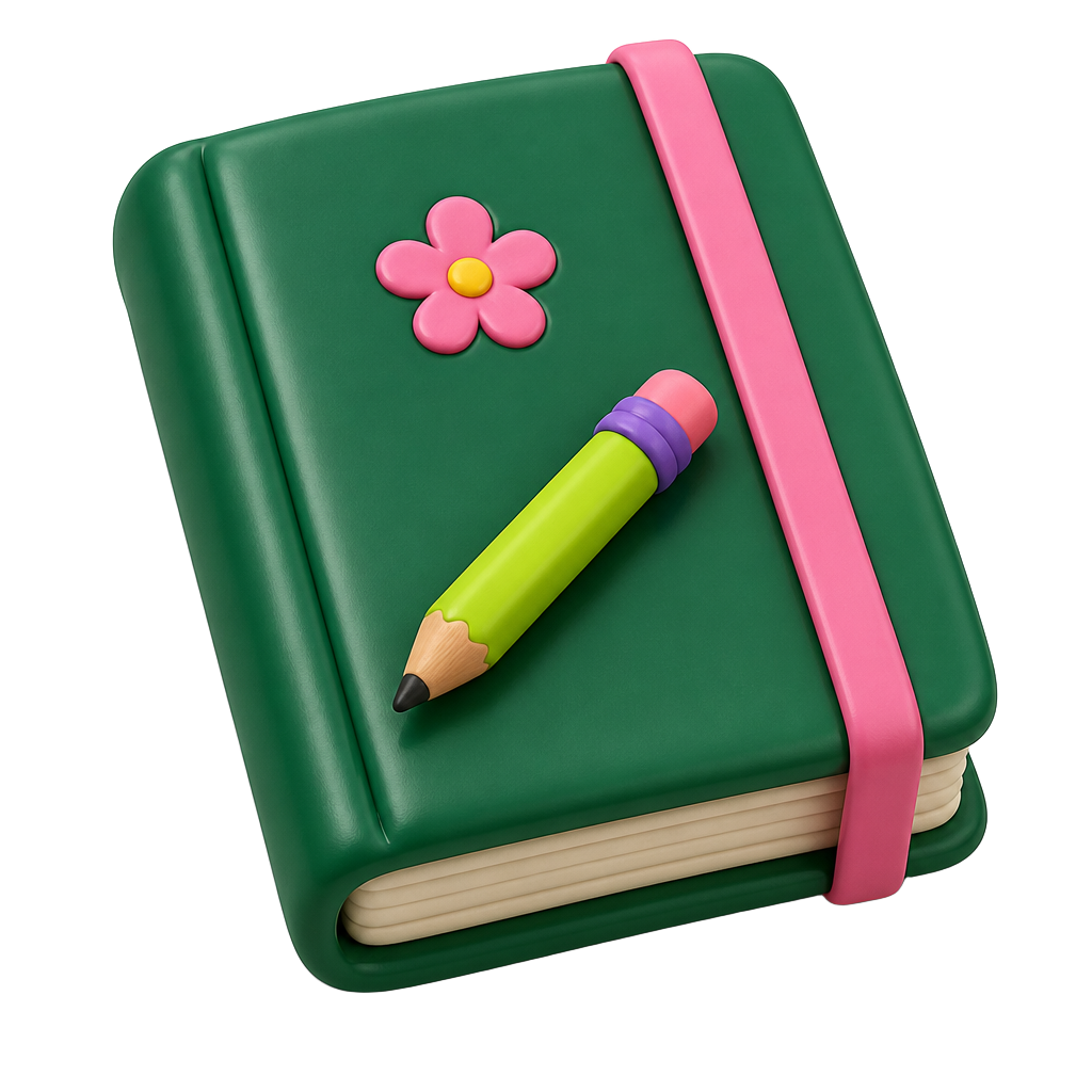 A green 3D notebook with a pink elastic band